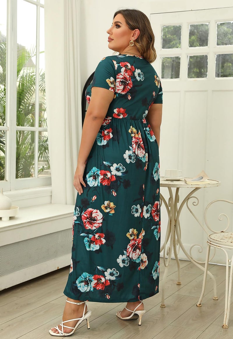 Nemidor Plus Size Maxi Dresses for Curvy Women Summer Casual Loose Short Sleeve Long Beach Dress with Pocket(149,22,Green Print) - Image 2
